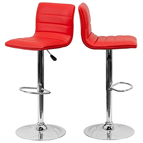 KLS14 Modern Barstools Horizontal Line Design Hydraulic Adjustable Height 360-Degree Swivel Seat Sturdy Steel Frame Chrome Base Dining Chair Bar Pub Stool Home Office Furniture - Set of 2 Red #1980