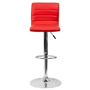 KLS14 Modern Barstools Horizontal Line Design Hydraulic Adjustable Height 360-Degree Swivel Seat Sturdy Steel Frame Chrome Base Dining Chair Bar Pub Stool Home Office Furniture - Set of 2 Red #1980