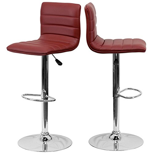 Modern Barstools Horizontal Line Design Hydraulic Adjustable Height 360-Degree Swivel Seat Sturdy Steel Frame Chrome Base Dining Chair Bar Pub Stool Home Office Furniture - Set of 2 Burgundy #1980