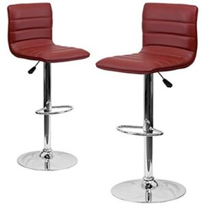 Modern Barstools Horizontal Line Design Hydraulic Adjustable Height 360-Degree Swivel Seat Sturdy Steel Frame Chrome Base Dining Chair Bar Pub Stool Home Office Furniture - Set of 2 Burgundy #1980