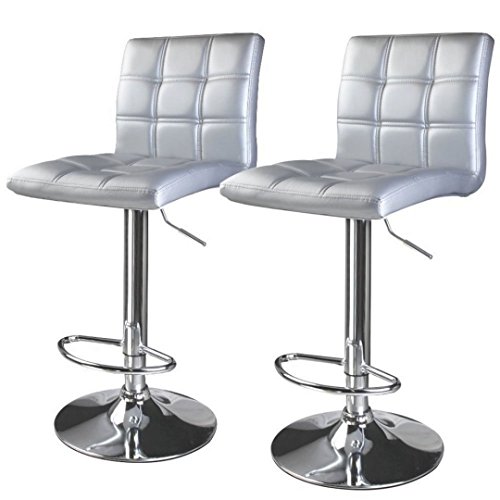 Contemporary Bar Stools Hight Adjustable Seat Hydraulic 360 Degree Swivel Sturdy Steel Frame Quadrate cushion Seat Dining Chair Bar Pub Stool Home Office Furniture - Set of 4 Silver #1935svr