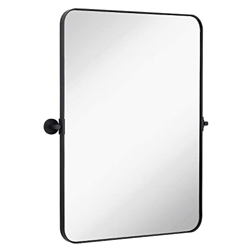 Hamilton Hills 22x30 Inch Brushed Black Metal Framed Mirror | Pivot Mirrors for Bathrooms | Rounded Corner Rectangular Frame with Tilt Mirror Brackets | Adjustable & Tilting Farmhouse Wall Vanity