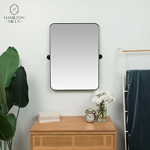 Hamilton Hills 22x30 Inch Brushed Black Metal Framed Mirror | Pivot Mirrors for Bathrooms | Rounded Corner Rectangular Frame with Tilt Mirror Brackets | Adjustable & Tilting Farmhouse Wall Vanity