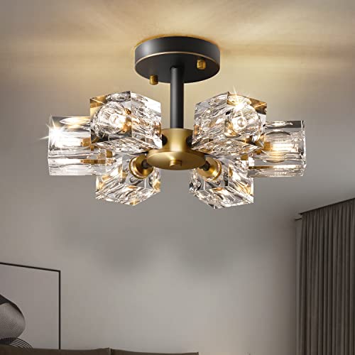 OKES Semi Flush Mount Ceiling Light,13inch Modern Black and Gold Crystal Chandeliers,6-Lights Industrial Sputnik Chandeliers for Bedroom,Kitchen,Hallway,brthroom,entryway,Dining Room