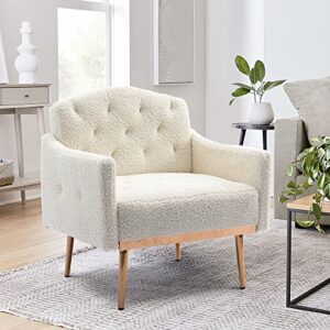 luccalily accent pu/velvet armchair,upholstered leisure accent living room chair, comfy armchair with rose golden metal legs,mid-century modern velvet single sofa chair, white teddy