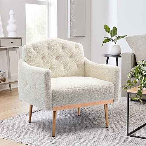 Luccalily Accent PU/Velvet Armchair,Upholstered Leisure Accent Living Room Chair, Comfy Armchair with Rose Golden Metal Legs,Mid-Century Modern Velvet Single Sofa Chair, White Teddy