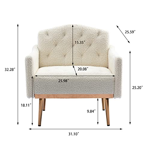 Luccalily Accent PU/Velvet Armchair,Upholstered Leisure Accent Living Room Chair, Comfy Armchair with Rose Golden Metal Legs,Mid-Century Modern Velvet Single Sofa Chair, White Teddy