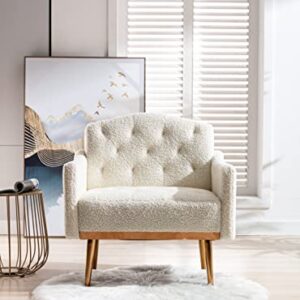 Luccalily Accent PU/Velvet Armchair,Upholstered Leisure Accent Living Room Chair, Comfy Armchair with Rose Golden Metal Legs,Mid-Century Modern Velvet Single Sofa Chair, White Teddy