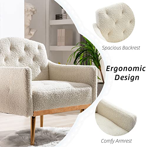 Luccalily Accent PU/Velvet Armchair,Upholstered Leisure Accent Living Room Chair, Comfy Armchair with Rose Golden Metal Legs,Mid-Century Modern Velvet Single Sofa Chair, White Teddy