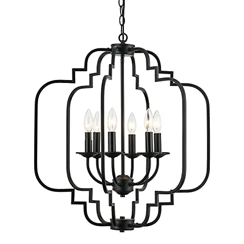 JULL 6 Lights Black Chandelier, Farmhouse Rustic Wrought Iron Modern Chandeliers Lighting Fixture,Dining Table Pendant Light for Foyer,Kitchen Island,Dining Living Room.Adjustable Height,W23”*H26”