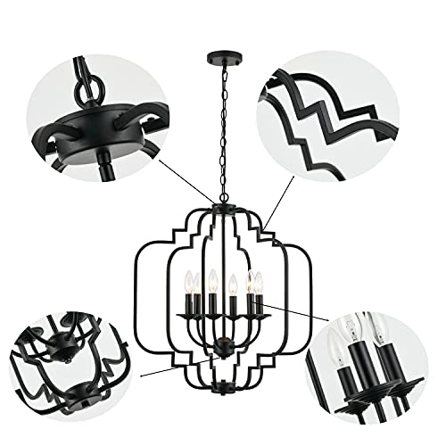JULL 6 Lights Black Chandelier, Farmhouse Rustic Wrought Iron Modern Chandeliers Lighting Fixture,Dining Table Pendant Light for Foyer,Kitchen Island,Dining Living Room.Adjustable Height,W23”*H26”