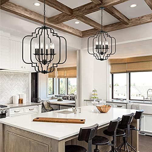 JULL 6 Lights Black Chandelier, Farmhouse Rustic Wrought Iron Modern Chandeliers Lighting Fixture,Dining Table Pendant Light for Foyer,Kitchen Island,Dining Living Room.Adjustable Height,W23”*H26”