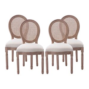 nrizc farmhouse fabric dining room chairs set of 4, french chairs with round back, rattan dining chair, oval side chairs for dining room/living room/kitchen/restaurant
