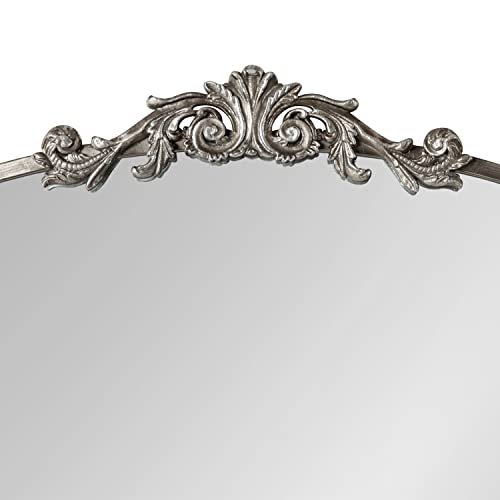 Kate and Laurel Arendahl Ornate Traditional Arched Mirror, 36 x 29, Silver, Decorative Baroque Style Arched Wall Mirror with Wide Frame and Ornamental Crown