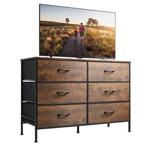 wlive wide dresser with 6 drawers, tv stand for 50″ tv, entertainment center with metal frame, wooden top, fabric storage dresser for bedroom, hallway, entryway, rustic brown wood grain print