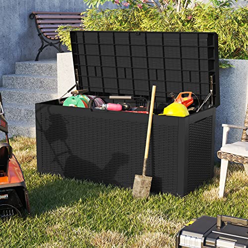 Greesum 100 Gallon Resin Deck Box Large Outdoor Storage for Patio Furniture, Garden Tools, Pool Supplies, Weatherproof and UV Resistant, Lockable, Black