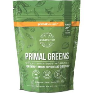 primal harvest super greens powder, 30 servings w/+50 greens superfood chlorella, probiotics, green tea, wheatgrass, kale, turmeric, green superfood powder for energy – primal greens green powder