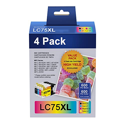 LC75XL High Yield Compatible Ink Cartridge Replacement for Brother LC75 LC71 LC79 XL Ink cartridges to Use with MFC-J6510DW MFC-J6710DW MFC J6910DW J280W (1 Black, 1 Cyan, 1 Magenta, 1 Yellow) 4 Pack