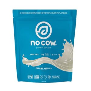 no cow vegan protein powder, vanilla, 21g plant based protein, recyclable bag, dairy free, soy free, no sugar added, keto friendly, gluten free, naturally sweetened, non gmo, kosher, 1.74 pound