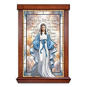 mary’s grace religious self-illuminated stained glass wall decor featuring the image of the blessed mother with a cherry-finish wooden frame