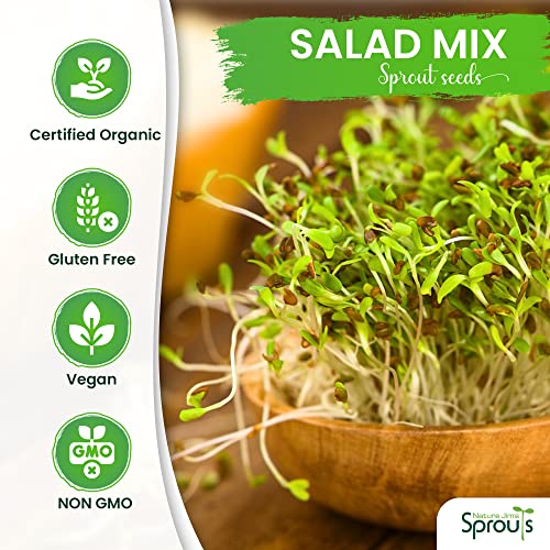 Nature Jims Sprouts Salad Sprout Mix - Organic Salad Mix for Growing - Non-GMO Microgreen Seeds - Healthy Broccoli, Alfalfa, Radish, Clover Sprouting Seeds Variety Mix - Microgreens Growing 1lb