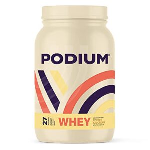 podium nutrition, whey protein powder, coffee ice cream, 27 servings, 25g of whey protein per serving, gluten free, soy free