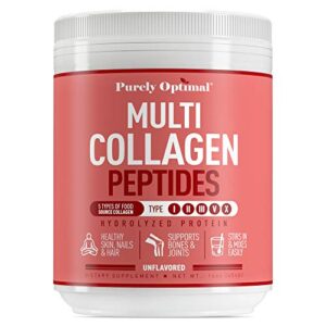 purely optimal premium multi collagen powder – 5 types of hydrolyzed collagen peptides with biotin, hair skin and nails vitamins, bone & joint support – keto-friendly, unflavored (16 oz)