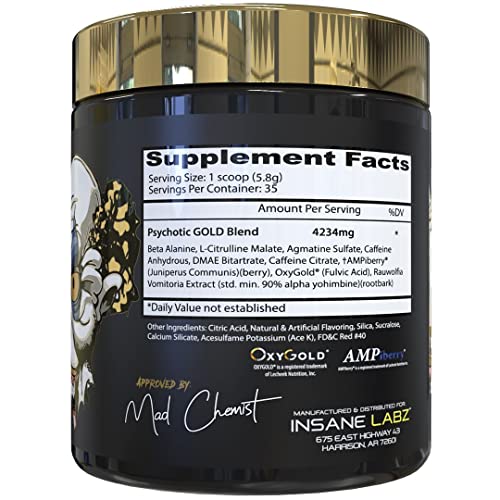 Insane Labz Psychotic Gold, High Stimulant Pre Workout Powder, Extreme Lasting Energy, Focus, Pumps and Endurance with Beta Alanine, DMAE Bitartrate, Citrulline, NO Booster, 35 Srvgs