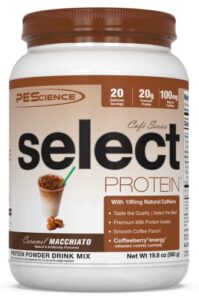 pescience select cafe protein, caramel macchiato, 20 servings, coffee flavored whey and casein blend