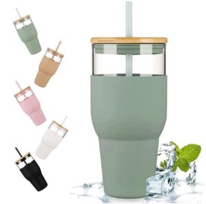 kytffu 32oz glass tumbler with straw and lid, reusable boba smoothie cup iced coffee tumbler with silicone sleeve, fits cup holder glass water bottle bpa free, olive