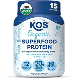 kos plant based protein powder, no erythritol, blueberry muffin – organic pea protein blend, superfood with spirulina & immune support blend – dairy free, meal replacement for women & men, 15 servings