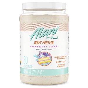 alani nu whey protein powder, 23g of ultra-premium, gluten-free, low fat blend of fast-digesting protein, confetti cake, 30 servings