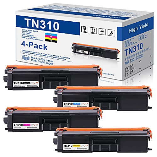 4-Pack(1BK+1C+1M+1Y) TN310BK TN310C TN310M TN310Y Toner Cartridge Replacement for Brother TN310 TN-310 to use with HL-4150CDN HL-4570CDWT MFC-9640CDN MFC-9650CDW MFC-9970CDW Printer Toner