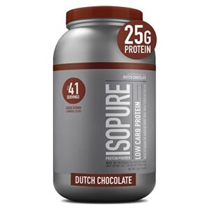 isopure dutch chocolate whey isolate protein powder with vitamin c & zinc for immune support, 25g protein, low carb & keto friendly, 3 pounds (pack of 1) (packaging may vary)