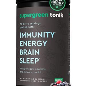 SUPERGREEN TONIK 100% Natural Greens Superfood Powder – Daily Supplement with 38 Superfoods, Vitamins and Minerals – Supports Energy, Stress, Sleep, Immunity – 30 Days 378 Grams Berry Flavor (1 Tub)