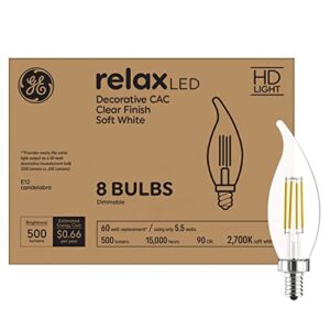 ge relax led light bulbs, 60 watt eqv, decorative clear finish, soft white, small base (8 pack)
