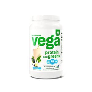 vega protein and greens vegan protein powder vanilla (25 servings) – 20g plant based protein plus veggies, vegan, non gmo, pea protein for women and men, 1.7lb (packaging may vary)