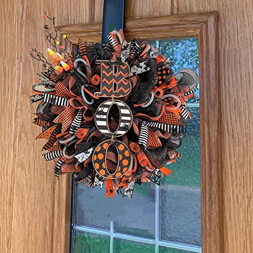 Smasener 14 in Halloween Door Wreaths for Front Door Outside Decorations, 14 in Orange Boo Mesh Wreath for Halloween Door, Wired Ribbon Wreath Artificial Door Wreath Hanging Ornament