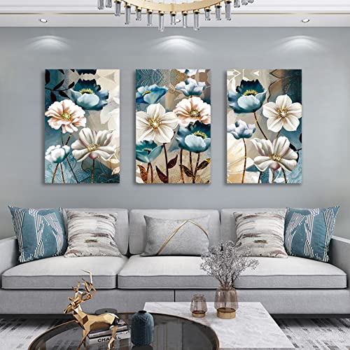 SERIMINO 3 Piece Lotus Flower Canvas Wall Art for Living Room White and Indigo Blue Floral Picture Wall Decor for Dining Room Bedroom Bathroom Kitchen Print Painting for Home Decorations