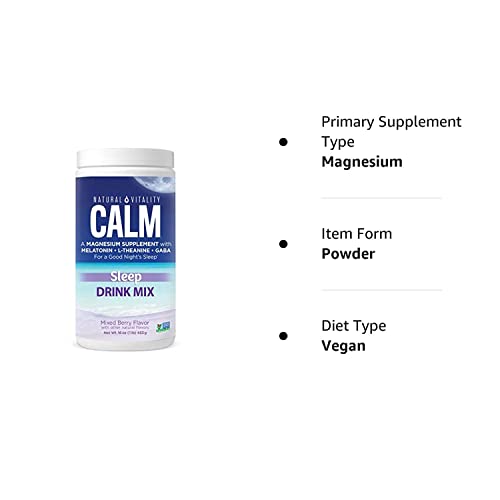 Natural Vitality Calm Sleep, Melatonin & Magnesium Citrate, Sleep Aid Drink Mix, GABA, Sleep Aid, Vegan, Gluten Free & Non-GMO, Mixed Berry, 16 Oz