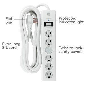 GE 6-Outlet Surge Protector, 2 Pack, 10 Ft Extension Cord, Power Strip, 800 Joules, Flat Plug, Twist-to-Close Safety Covers, Protected Indicator Light, UL Listed, White, 46862