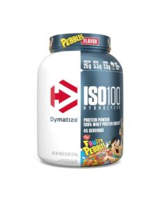 dymatize iso100 hydrolyzed protein powder, 100% whey isolate , 25g of protein, 5.5g bcaas, gluten free, fast absorbing, easy digesting, fruity pebbles, 3 pound