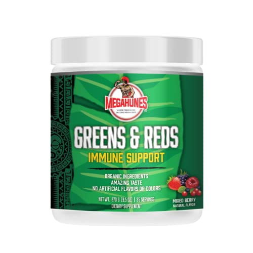 MEGAHUNES - Greens & Reds Immune Support - Dietary Supplement - with Prebiotics and Enzymes - for Immune System Support, Energy, and Digestion - Organic & Gluten-Free - Mixed Berry - 35 Servings