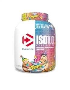 dymatize iso100 hydrolyzed protein powder, 100% whey isolate protein, 25g of protein, 5.5g bcaas, gluten free, fast absorbing, easy digesting, birthday cake, 5 pound