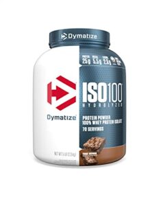 dymatize iso100 hydrolyzed protein powder, 100% whey isolate protein, 25g of protein, 5.5g bcaas, gluten free, fast absorbing, easy digesting, fudge brownie, 5 pound