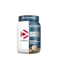 dymatize iso100 hydrolyzed protein powder, 100% whey isolate protein, 25g of protein, 5.5g bcaas, gluten free, fast absorbing, easy digesting, cookies and cream, 20 servings