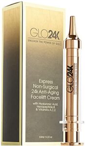 glo24k instant facelift cream with 24k gold, hyaluronic acid, peptides, and vitamins, a,c,e. a powerful non-invasive alternative to injections.