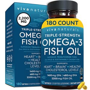 viva naturals triple-strength omega 3 fish oil with epa and dha supplements 2,200mg, 180 softgels