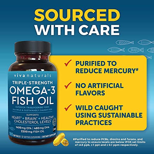 Viva Naturals Triple-Strength Omega 3 Fish Oil with EPA and DHA Supplements 2,200mg, 180 Softgels