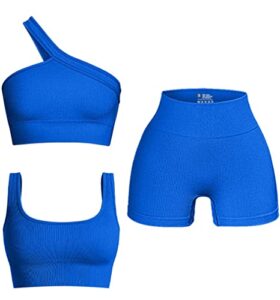oqq women’s 3 piece outfits ribbed seamless exercise scoop neck sports bra one shoulder tops high waist shorts active set blue